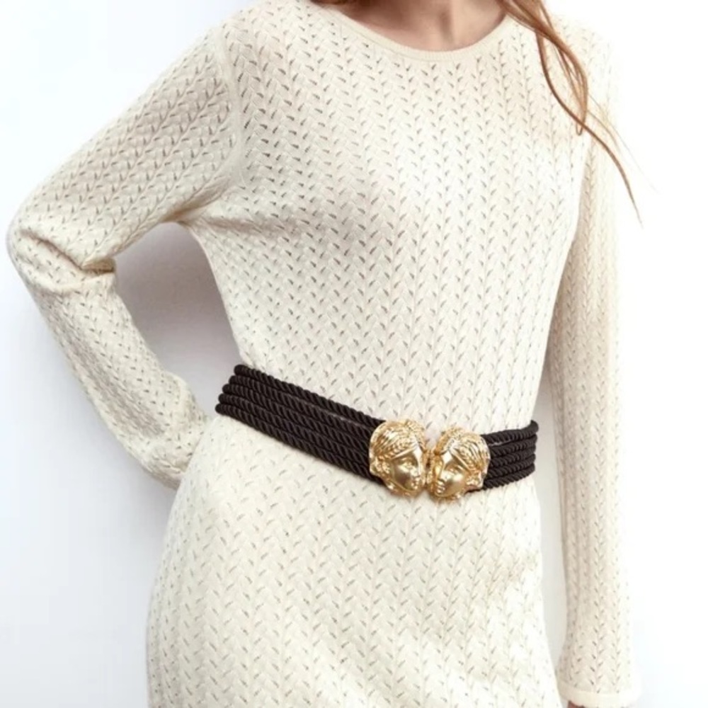 Zara Black Rope Belt with Gold Sculpted Medallion Buckle